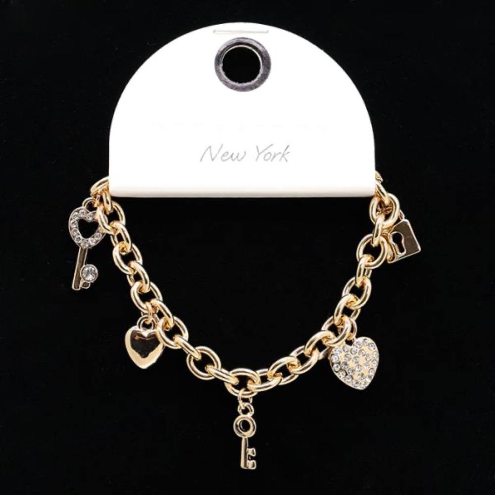 Secret  Box New York Gold Key Heart  Charm Link  Metal Bracelet (J)